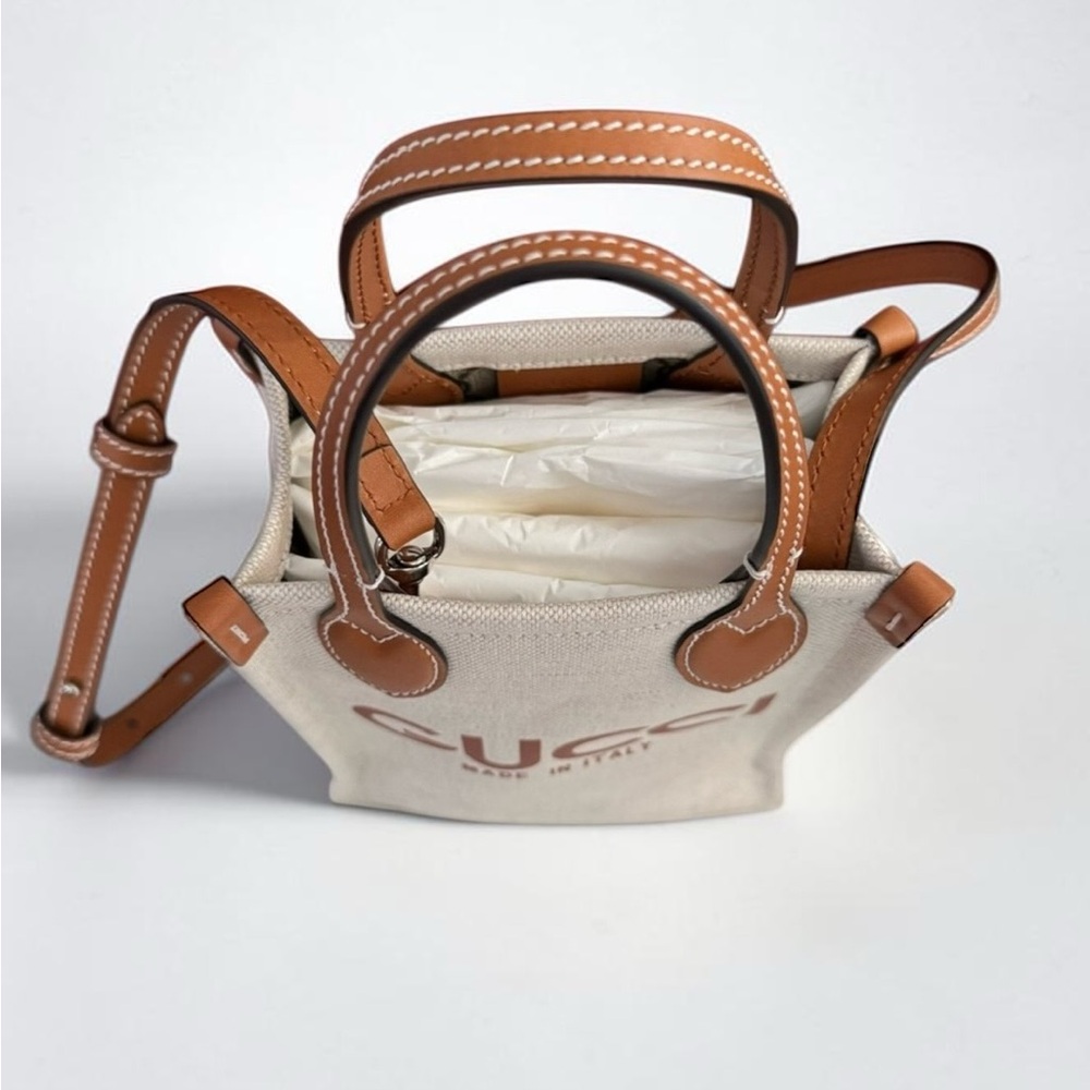 Gucci Mini Canvas Tote Bag Brown Leather Logo Crossbody NEW Full Set - Picture 3 of 8